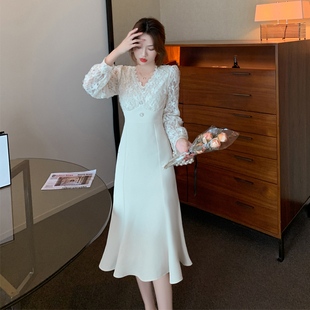SOLENELARA法式长袖连衣裙女春秋新款独特高级感气质小香风白色长