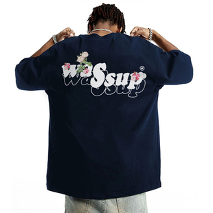 WASSUP重磅潮牌花朵字母短袖T恤男夏季2024新款百搭潮流情侣上衣