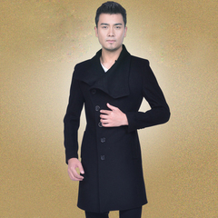 2016新款潮男冬季高领韩版修身英伦风格加厚黑色中长款羊毛呢大衣