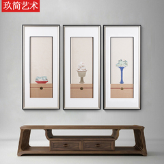 新中式客厅实物装饰画 杯中山水三联画餐厅样板房沙发背景墙挂画