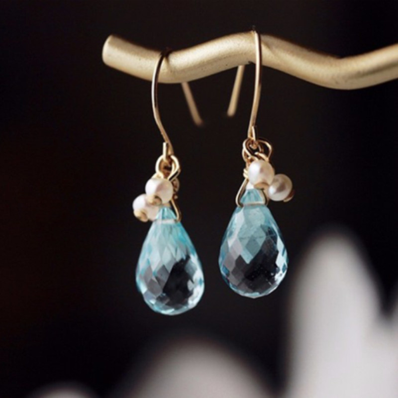 原创手工定制天空蓝托帕水滴耳环2020年新款潮小众设计品牌高耳饰