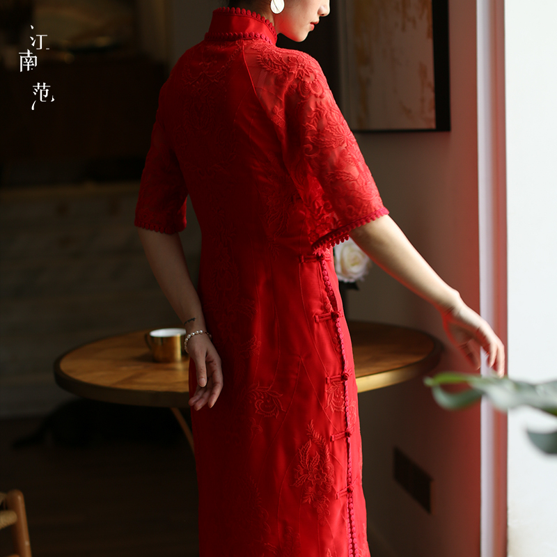 江南范新中式红色改良旗袍轻婚纱复古