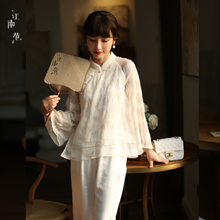 江南范中式白色蕾丝改良旗袍元素上衣女夏短款2022年新茶服民国风
