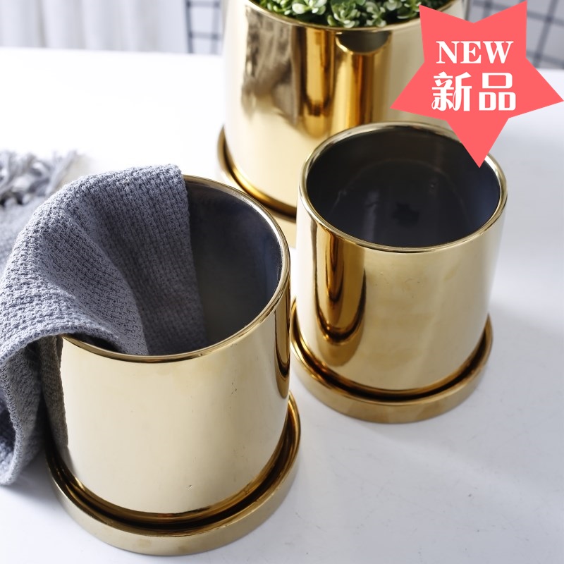 电镀金色花瓶带托盘插花圆形花瓶北欧家居婚房摆件陶瓷花盆无孔盆在类目 鲜花速递/花卉仿真/绿植园艺, 花瓶/花器/花盆/花架(新), 花盆中 - 来自Buy2taobao.com提供专业的淘宝代购服务