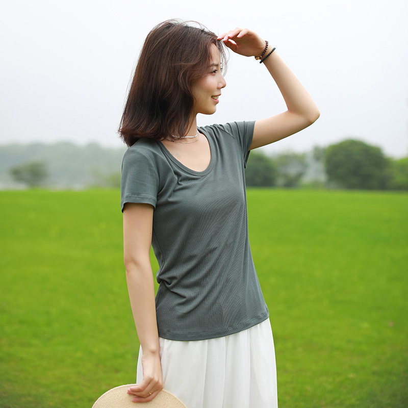 乱在江南薄款弹力t恤女装新款夏季短款v领上衣纯色棉质短袖打底衣