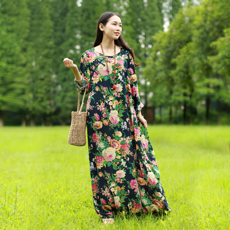 乱在江南印花民族风棉麻连衣裙中长款春秋新款复古风女装长裙纯棉