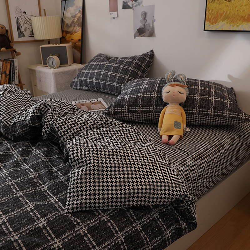 北欧全棉格子床上四件套纯棉学生宿舍三件套简约床单床笠床品男士