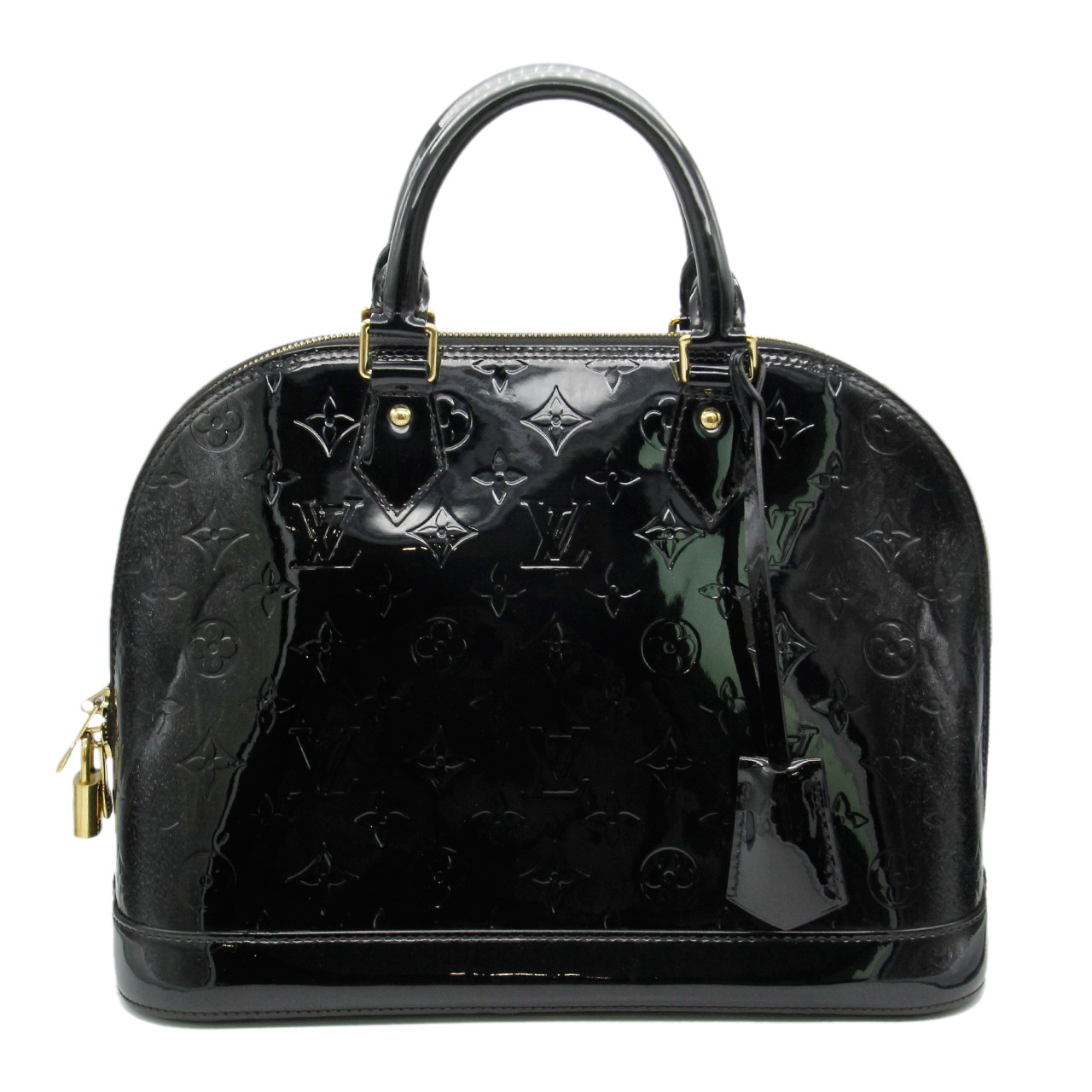 9.5新〕路易威登lv女士黑色漆皮中号贝壳包单肩手提