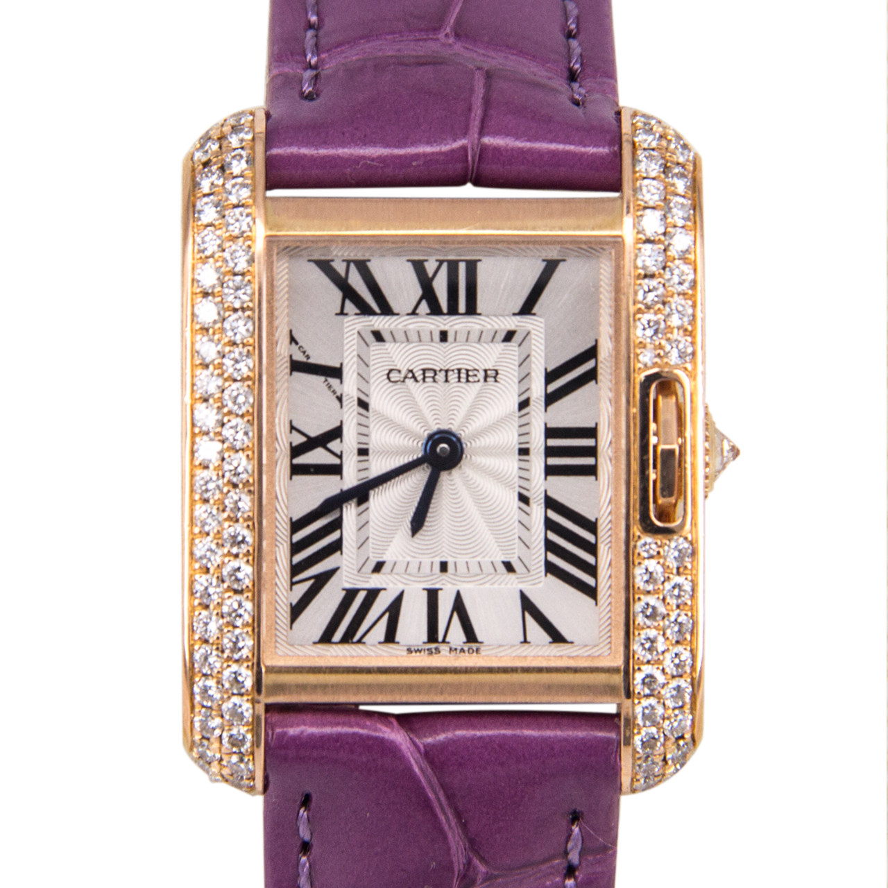 9.8新〕卡地亚坦克系列18k玫瑰金镶钻石英女表