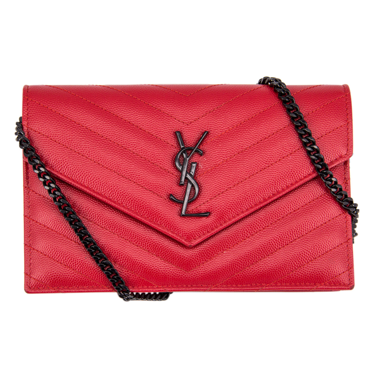 9.8新〕圣罗兰ysl女士红色提花凸纹缝线颗粒纹理皮革长款链条包