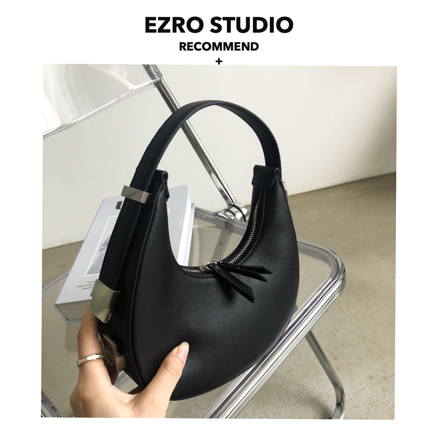 【ezro】独来独往 ins小众设计真皮月牙包手提包 锁扣半圆腋下包