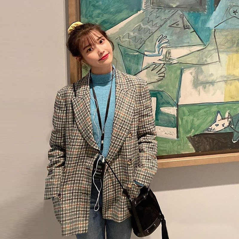 李知恩iu明星同款宽松西服复古千鸟格西装毛呢外套粗花呢女早春潮