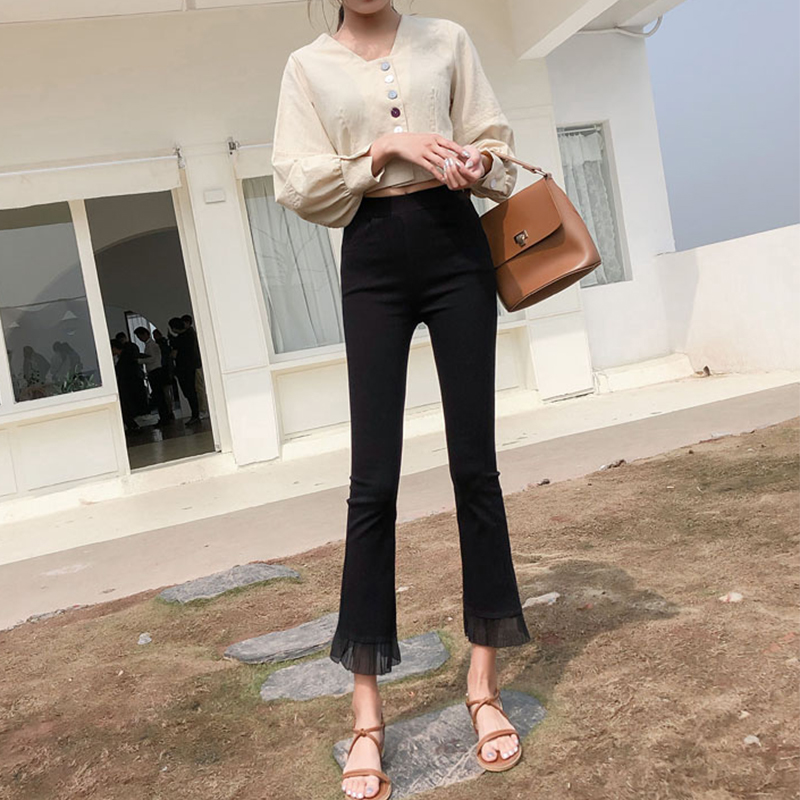 黑色松紧腰微喇叭裤女春九分2021新款高腰大码弹力垂感八分鱼尾裤|ruв категории Женская одежда, брюки, брюки - от Buy2taobao.com для оказания профессиональной услуги покупки агента Taobao