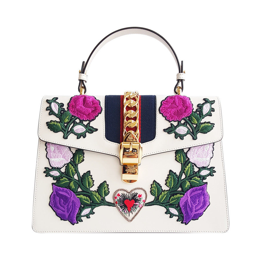 [限时拍][9.8新]古奇gucci女士白色真皮花朵刺绣单肩手提包