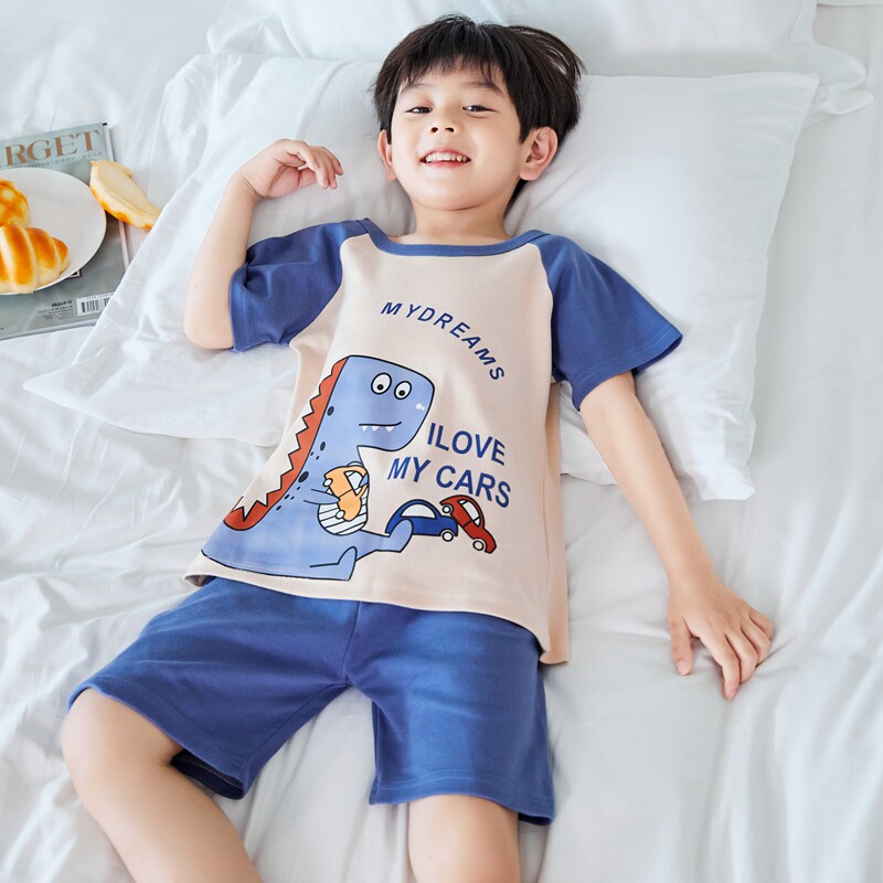 恐龙儿童睡衣男童夏季纯棉短袖薄款套装小男孩宝宝卡通圆领家居服