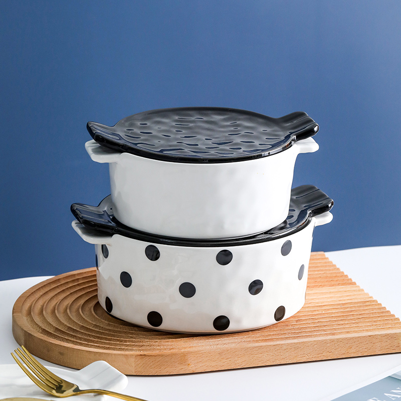 双耳碗陶瓷单个可爱甜品碗创意个性家用沙拉泡面烘焙烤箱烤碗带盖