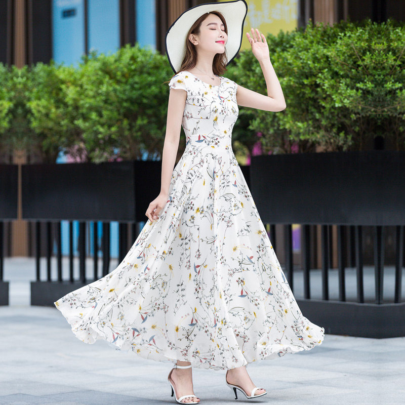 修身雪纺连衣裙大摆长裙_2022夏新款韩版女装碎花连衣裙夏季长款修身