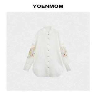 YOENMOM·挽袖香2024早春新品 100真丝国风中式清新刺绣立领衬衫