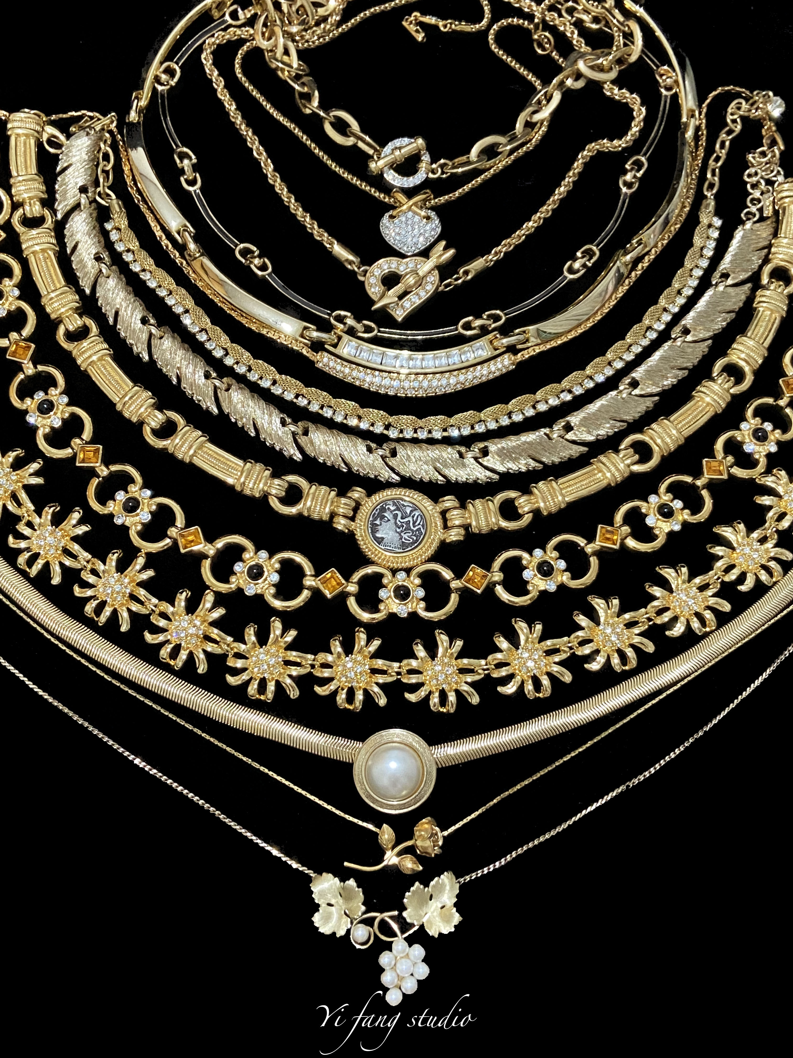 中古饰品vintage古董项链 trifari翠法丽 金色琉璃珍珠项链复古女