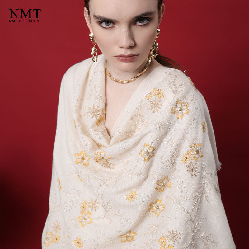 欧美气质风尚pashmina羊绒披肩立体刺绣手工珠管钉珠保暖装饰围巾