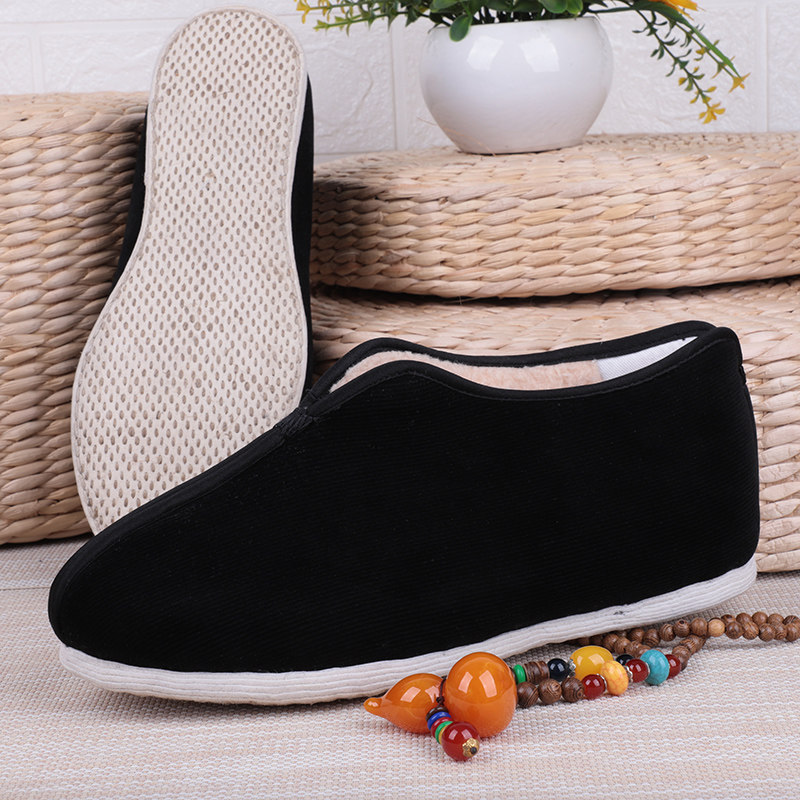 老北京布鞋手工千层底黑植绒男棉鞋爷爷鞋老头靴布底寿鞋男鞋大码