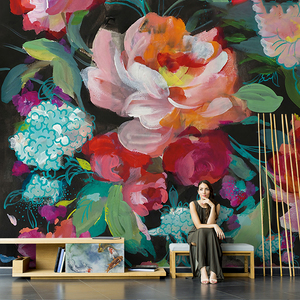 美式手绘抽象艺术玫瑰花卉花朵壁纸客厅电视背景墙纸无缝定制壁画