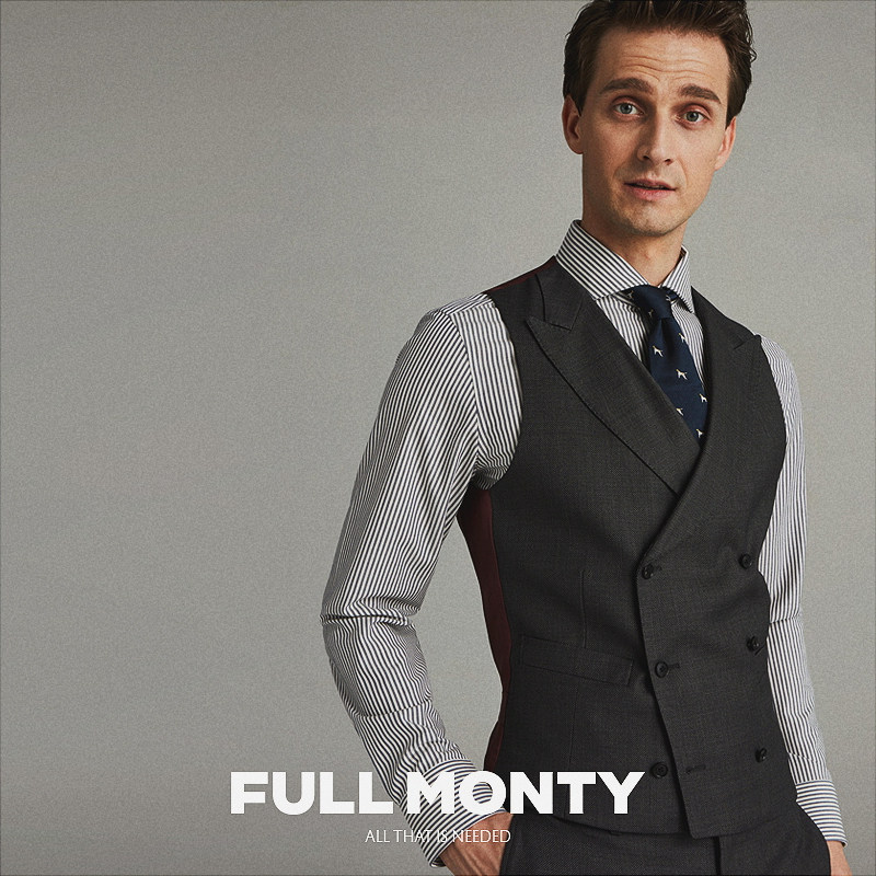 双排扣_full monty深灰色鸟眼纹双排扣羊毛西服马甲男士结婚新郎宴会