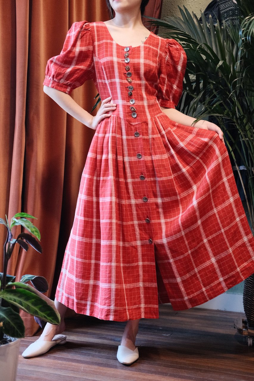 vintage奥地利 鹿角扣 金属纽扣 巴伐利亚 传统dirndl格纹连衣裙