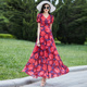 红色时尚减龄连衣裙夏季2024新款韩版收腰显瘦气质大花朵雪纺长裙