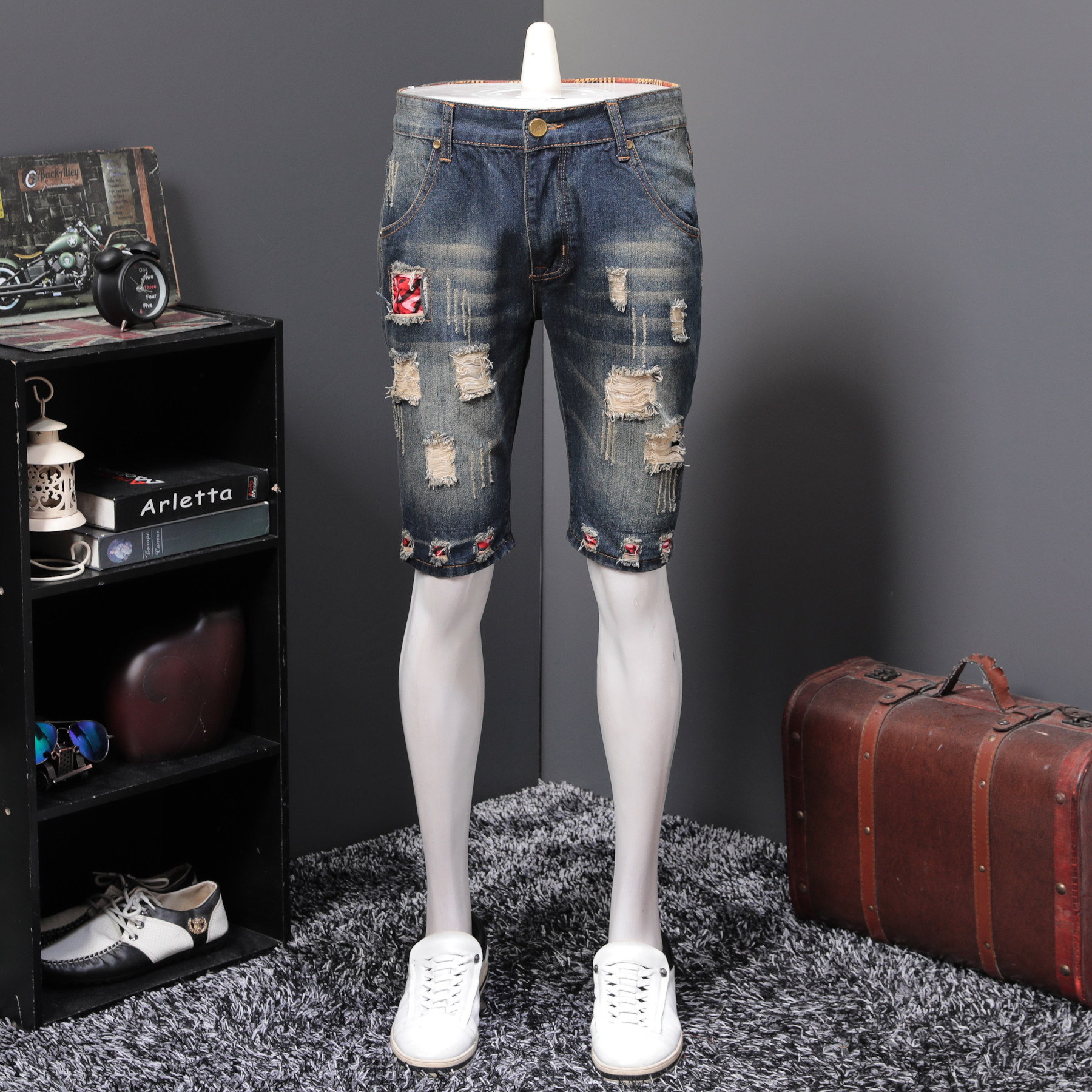 夏季破洞裤衩补丁复古牛仔短裤男修身大码五分裤潮流怀旧5分中裤