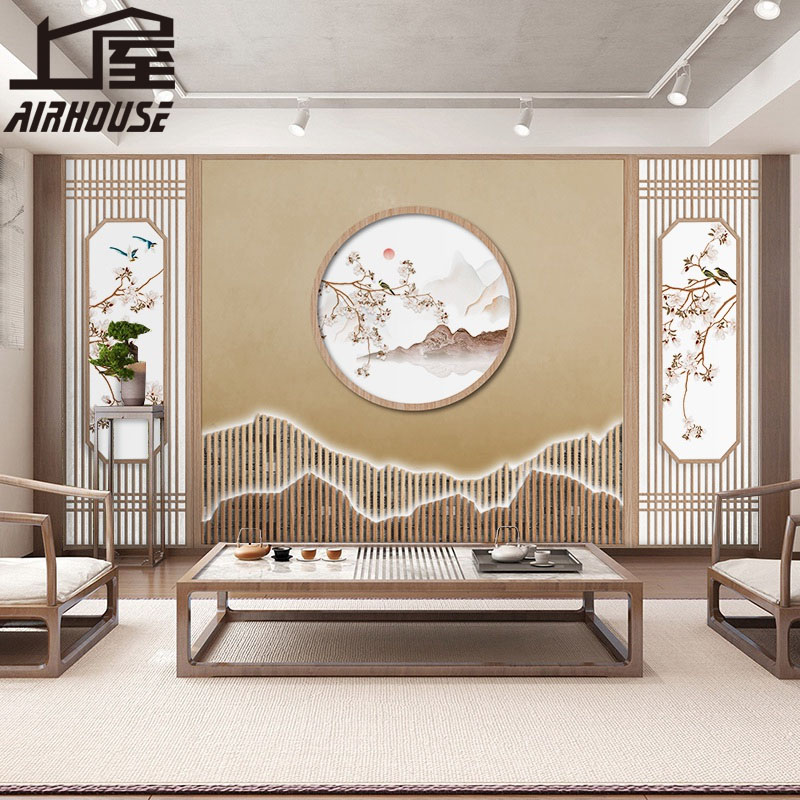 3d中式庭院壁纸古风装修花鸟禅意壁画客厅中国风山水画茶室墙纸