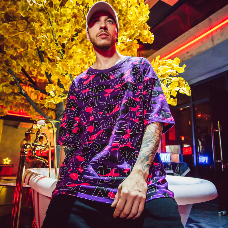 欧美潮牌短袖紫色迷彩t恤男街头hiphop嘻哈ins同款潮人半袖情侣装