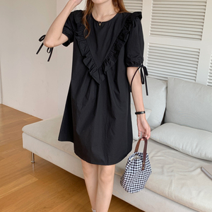 复古泡泡袖绑带小清新减龄连衣裙女宽松显瘦气质小裙子,连衣裙,holy