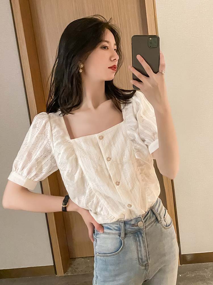 2022夏季新款方领上衣女泡泡袖短袖韩版职业气质法式复古雪纺衬衫