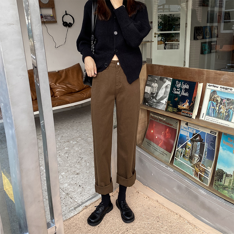 棕色牛仔裤女2021年新款秋冬韩国小个子高腰宽松直筒显瘦显高裤子