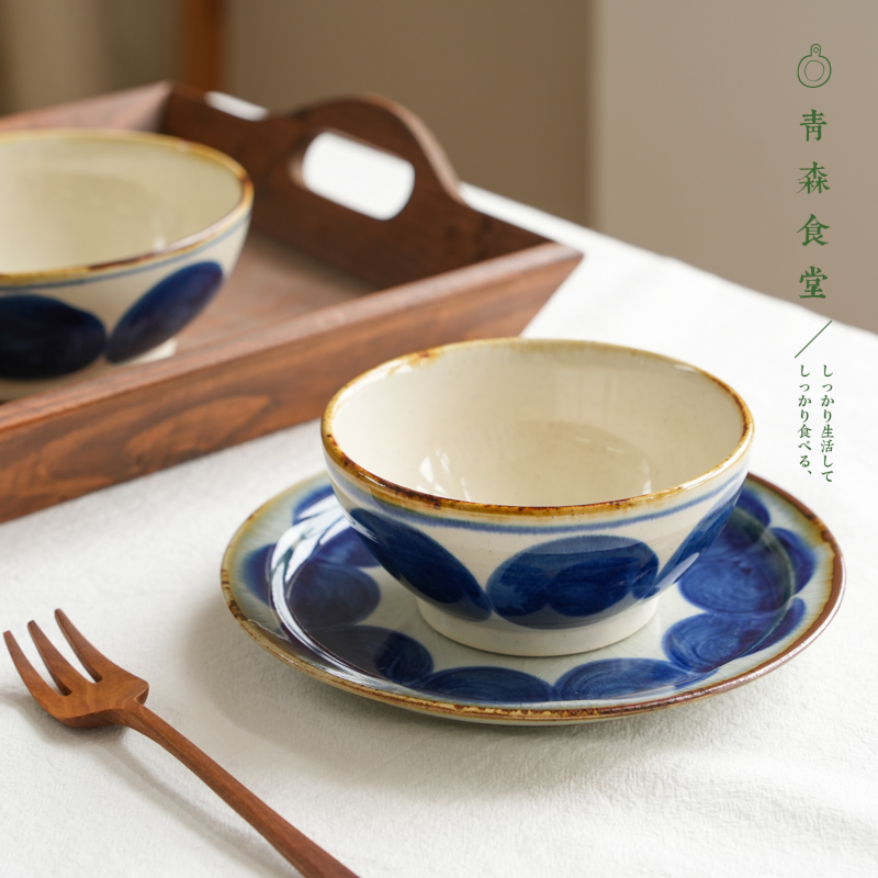 〈青森食堂〉日本制BZJS蓝染窯手作粗陶冰裂十草丸纹钵碗圆餐盘