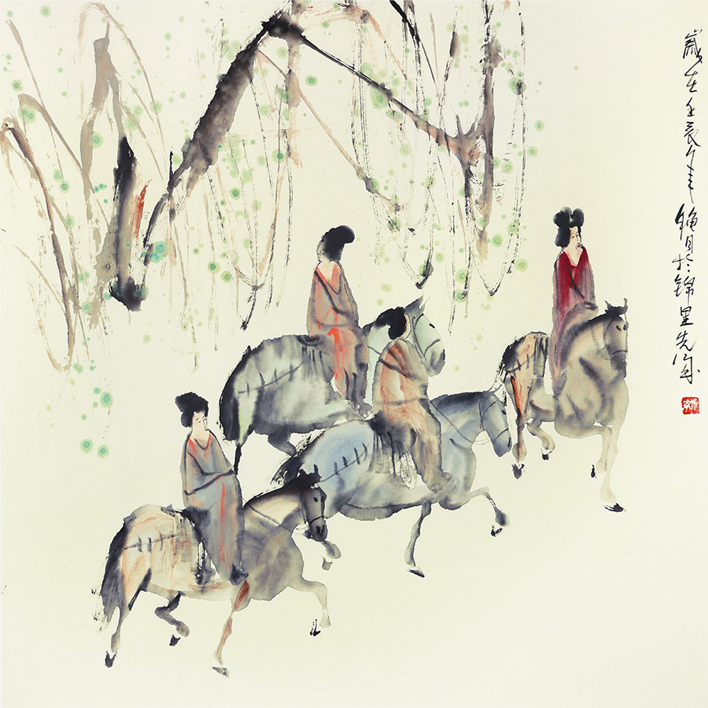 彭先诚 《踏春图》 当代著名人物画家 四川美协理事