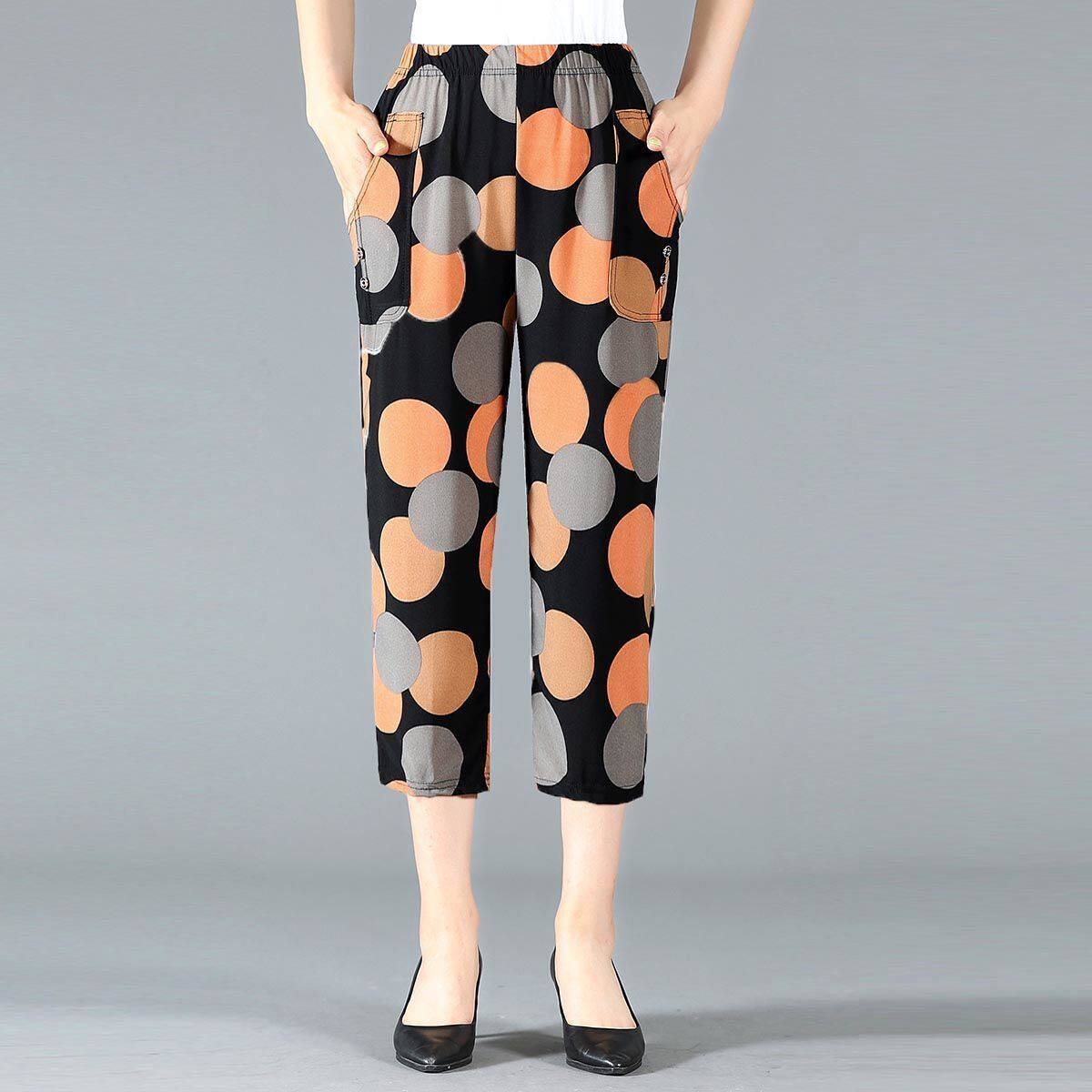 夏季中老年女裤七分裤中裤女大码妈妈花裤子女老太裤中年女裤七分