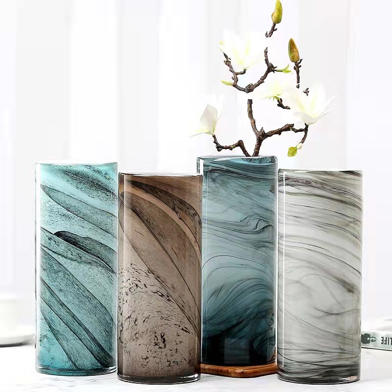 轻奢风新款新中式大理石纹彩色玻璃直筒花瓶水墨画个性创意吊钟花