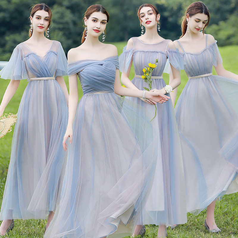伴娘礼服2024新款绑带长裙女仙气质平时可穿简约蓝色伴娘服姐妹团