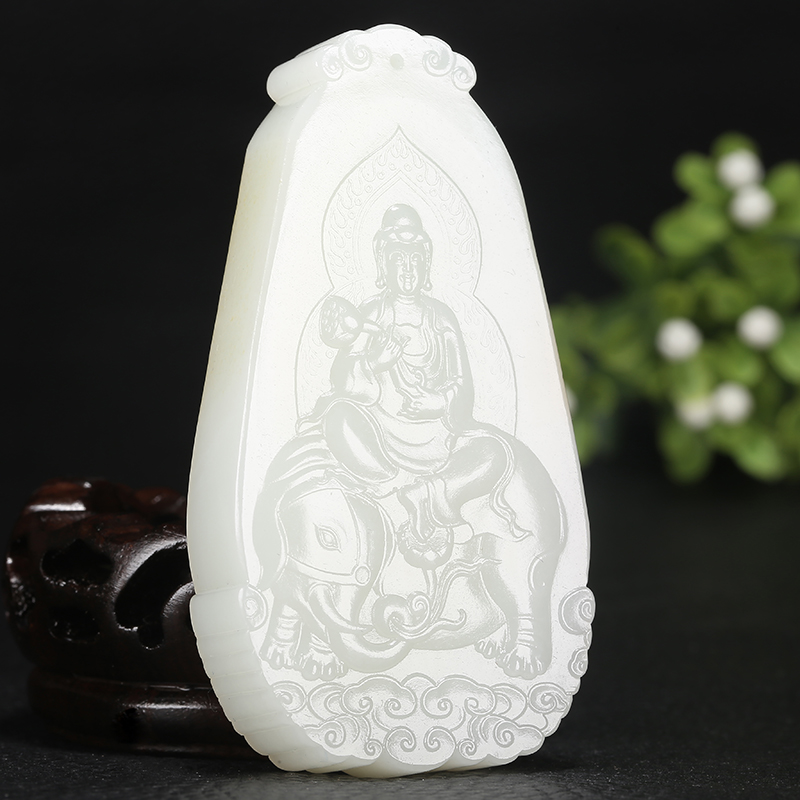 海派玉雕大师崔哲豪作品 和田玉 白玉 普贤菩萨挂件76.217g