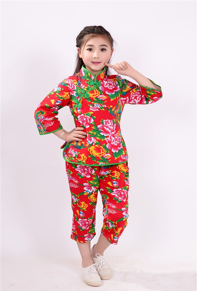 高档东北大花布衣服幼儿六一表演服儿童纯棉七分袖裤套装新款时尚