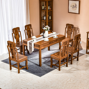 红木家具鸡翅木餐桌椅组合长方形中式吃饭桌家用西餐桌子实木餐台