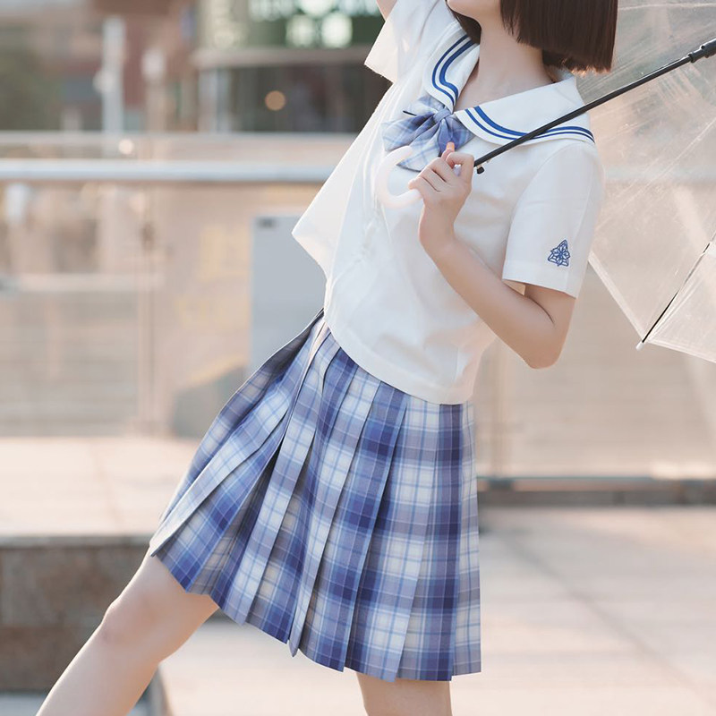 【心脏地震】蓝白白 jk制服正版裙蓝色格子高腰百褶裙夏季半身裙