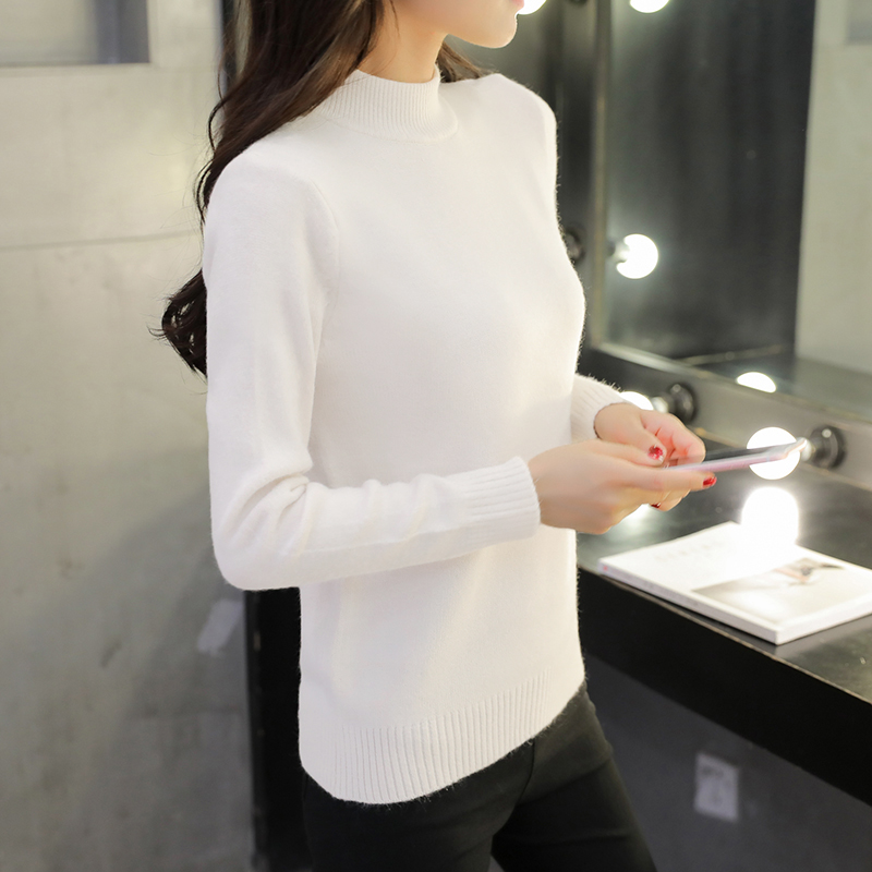 秋鼕季新款韓版半高領毛衣女套頭長袖短款針織衫寬松打底衫加厚