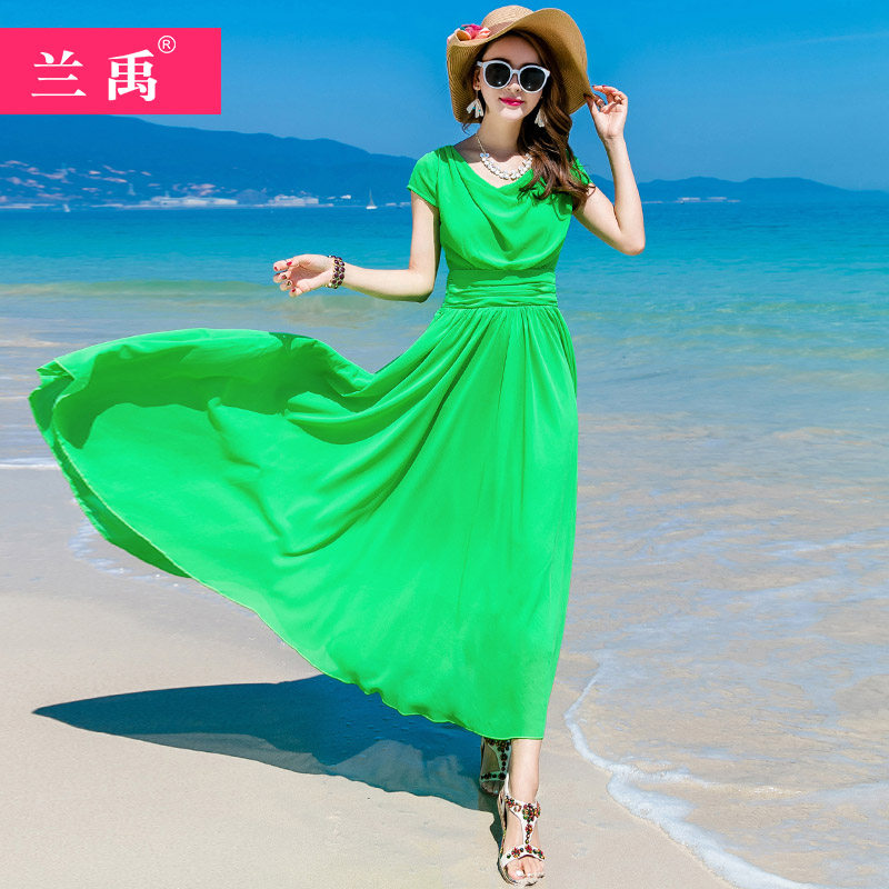2022夏季长款雪纺青色连衣裙女波西米亚显瘦度假沙滩仙旅游裙子
