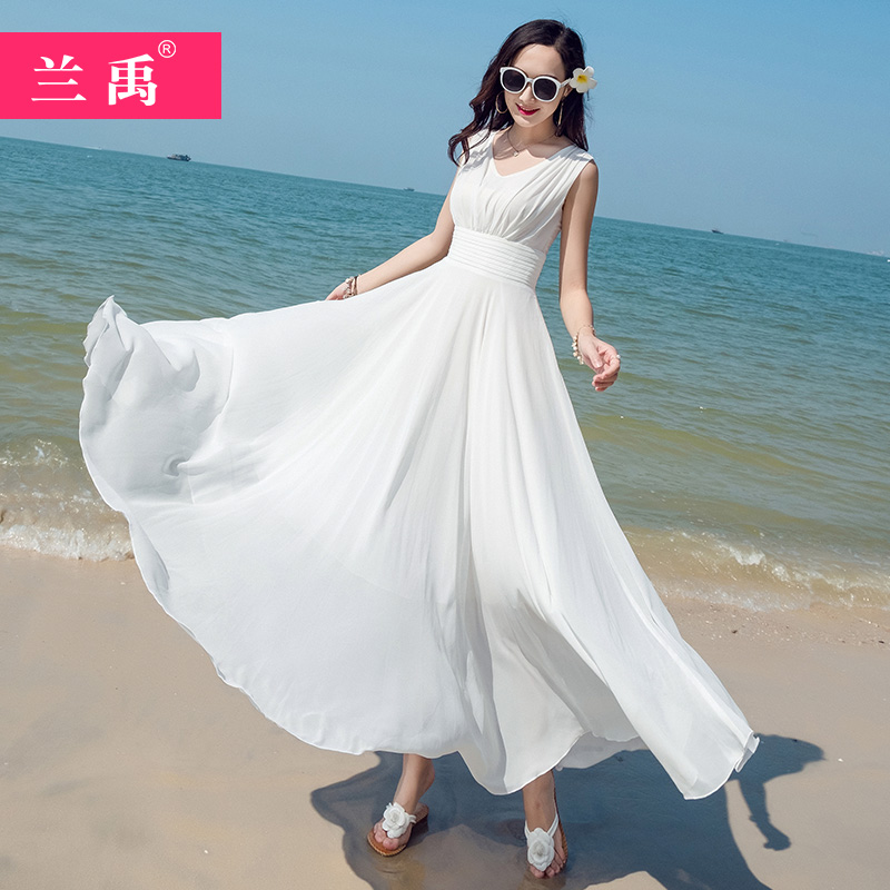 2024白色雪纺连衣裙女夏季新款气质三亚大摆长裙海边度假沙滩裙