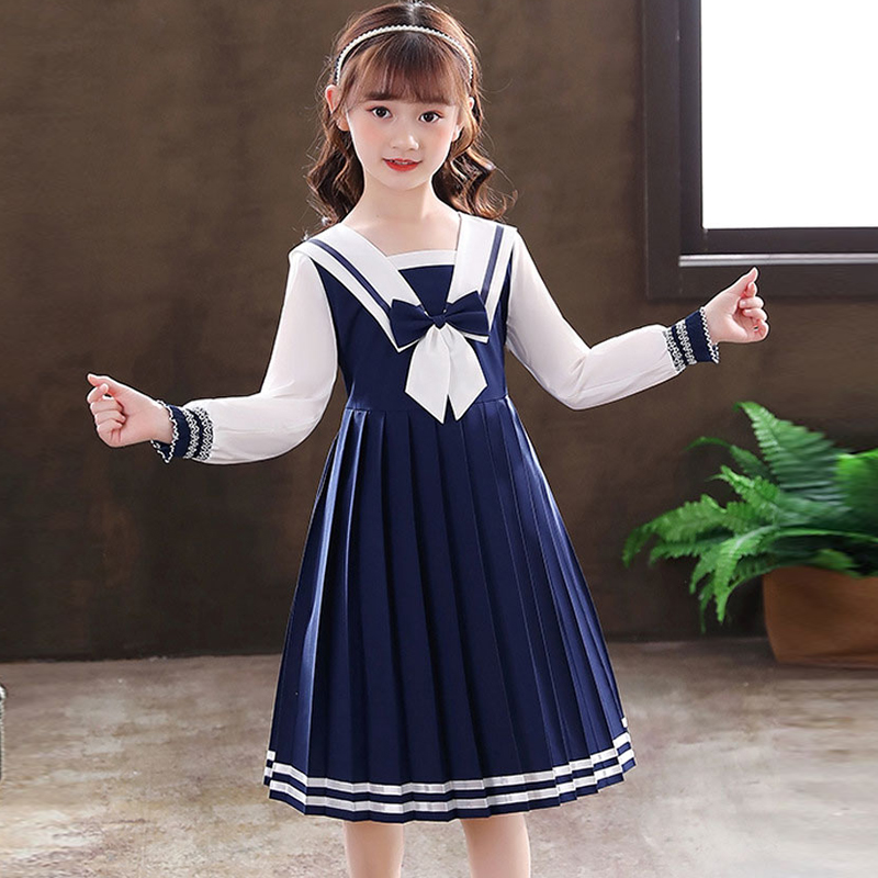 女童学院风连衣裙韩版女孩水手校服秋冬款加绒公主jk海军风童裙子