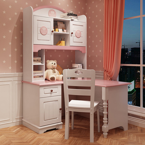 地中海儿童女孩学习书桌电脑一体书橱带椅子粉色拐角公主书柜组合