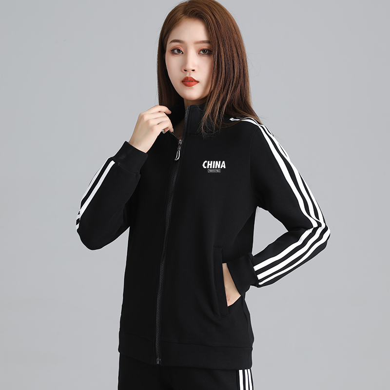 春秋女士外套开衫立领上衣拉链休闲运动服黑色百搭衣服纯棉健身衣
